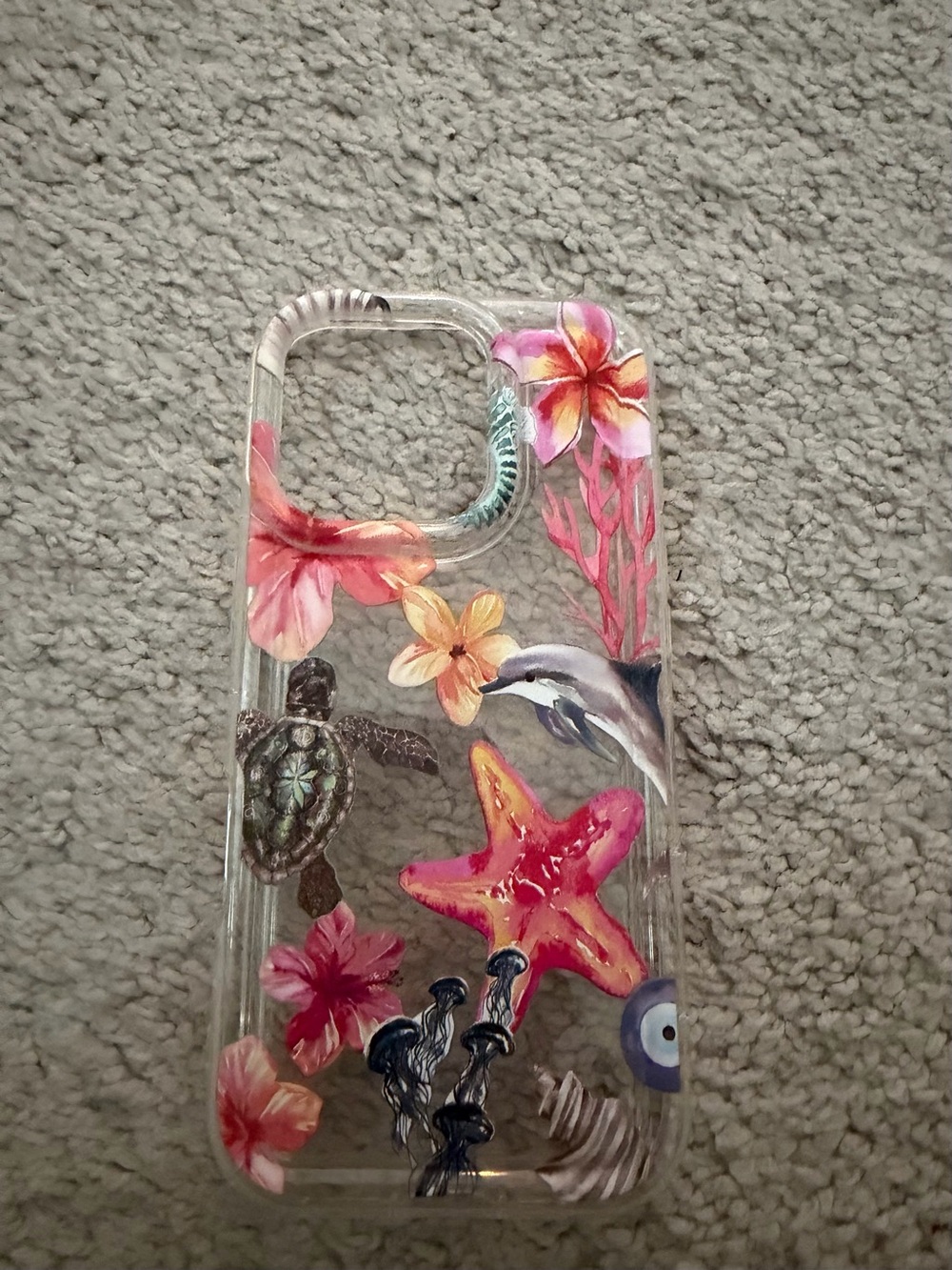 Clear Floral & Ocean-Themed iPhone 16 Pro Case with Pink Starfish Design